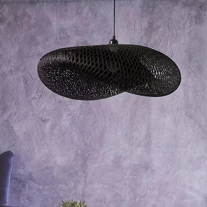 Black & Beige Unique bamboo Hanging Light Fixture - Weave Pendant Light - Handmade Lampshade