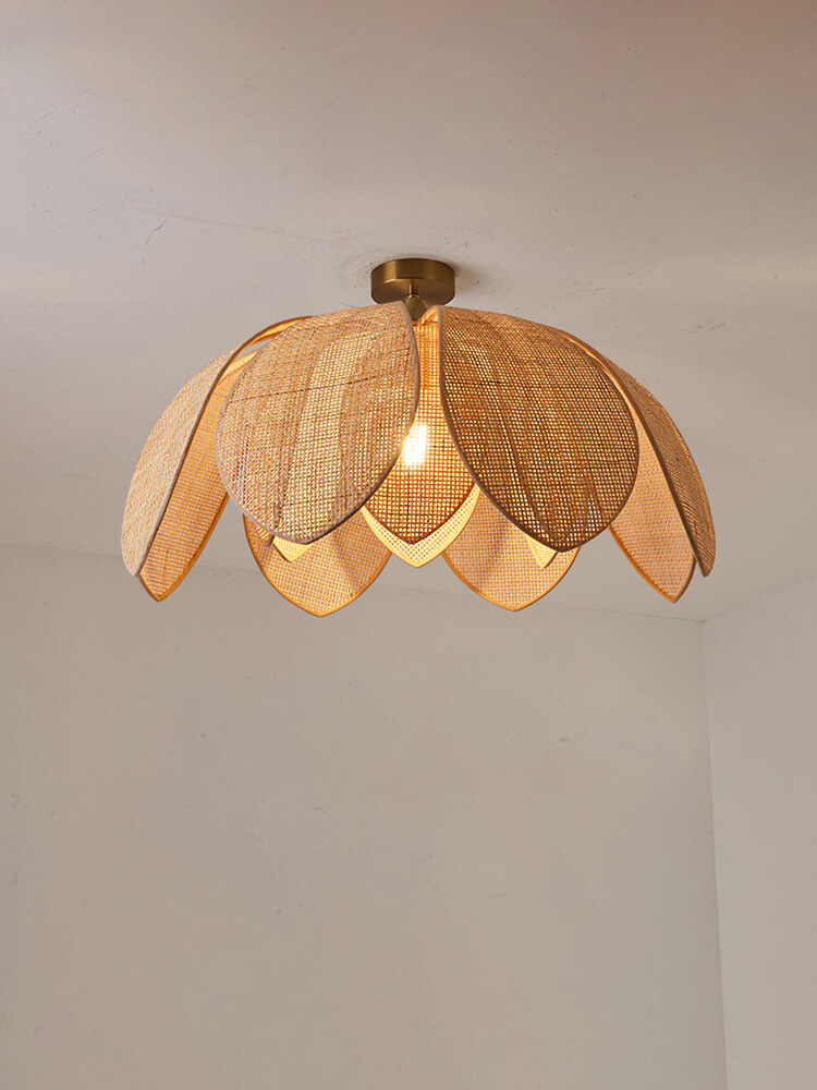 Natural rattan petal ceiling light with lotus-inspired design, handcrafted from bamboo and rattan.