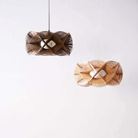 Handmade rattan pendant lights over kitchen island in beige and brown color