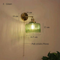 Green Glass Wall Light with minimalist design, wall-mounted light fixture, iron and glass lampshade, pull switch shown.