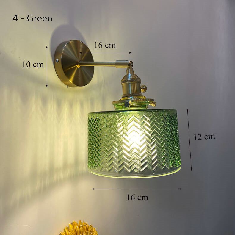 Green Glass Wall Light with minimalist design, wall-mounted light fixture, iron and glass lampshade, pull switch shown.