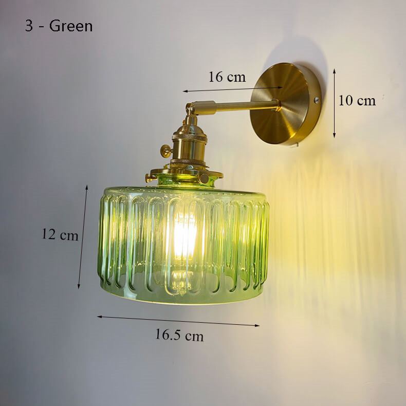 Green Glass Wall Light with minimalist design, wall-mounted light fixture, iron and glass lampshade, pull switch shown.