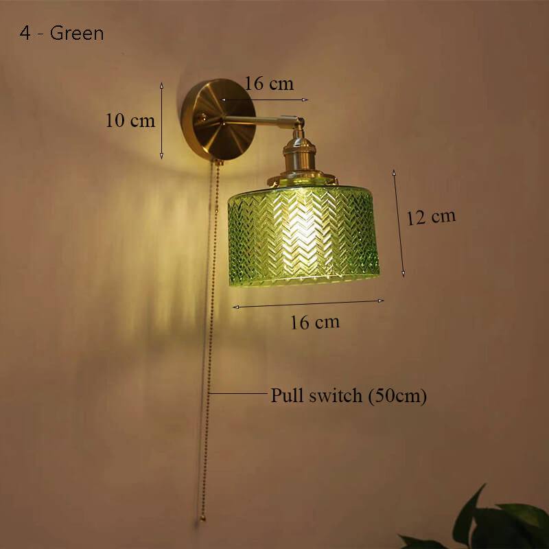 Green Glass Wall Light with minimalist design, wall-mounted light fixture, iron and glass lampshade, pull switch shown.