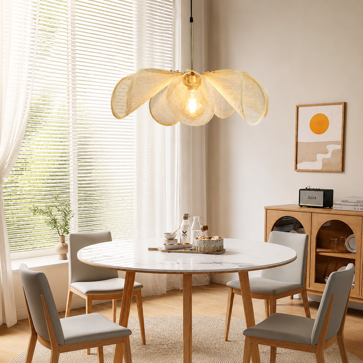 Rattan Flower Pendant Light - Wabi Sabi Petal Chandelier for Dining Room