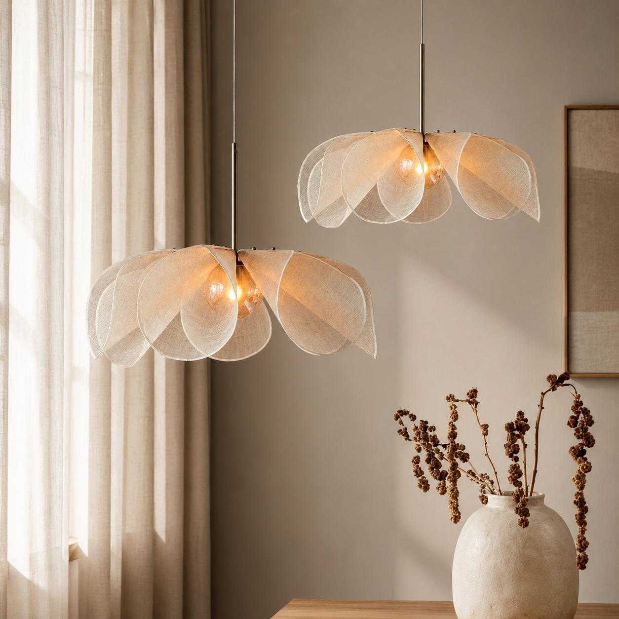 Rattan Flower Pendant Light - Wabi Sabi Petal Chandelier for Dining Room