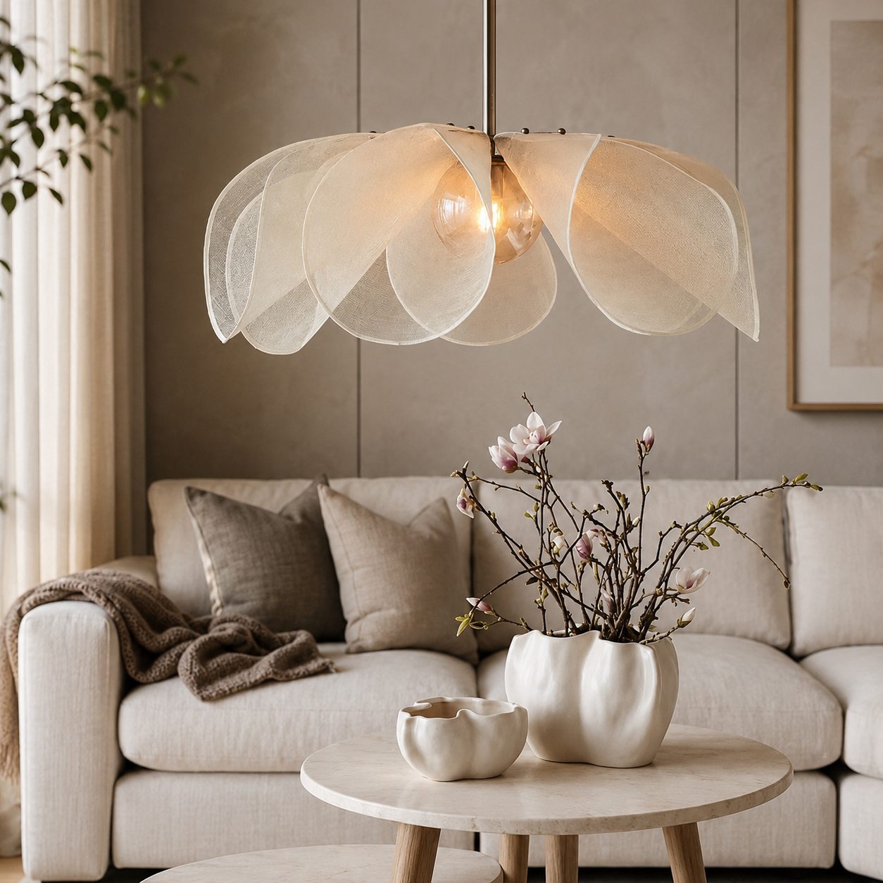 Rattan Flower Pendant Light - Wabi Sabi Petal Chandelier for Dining Room