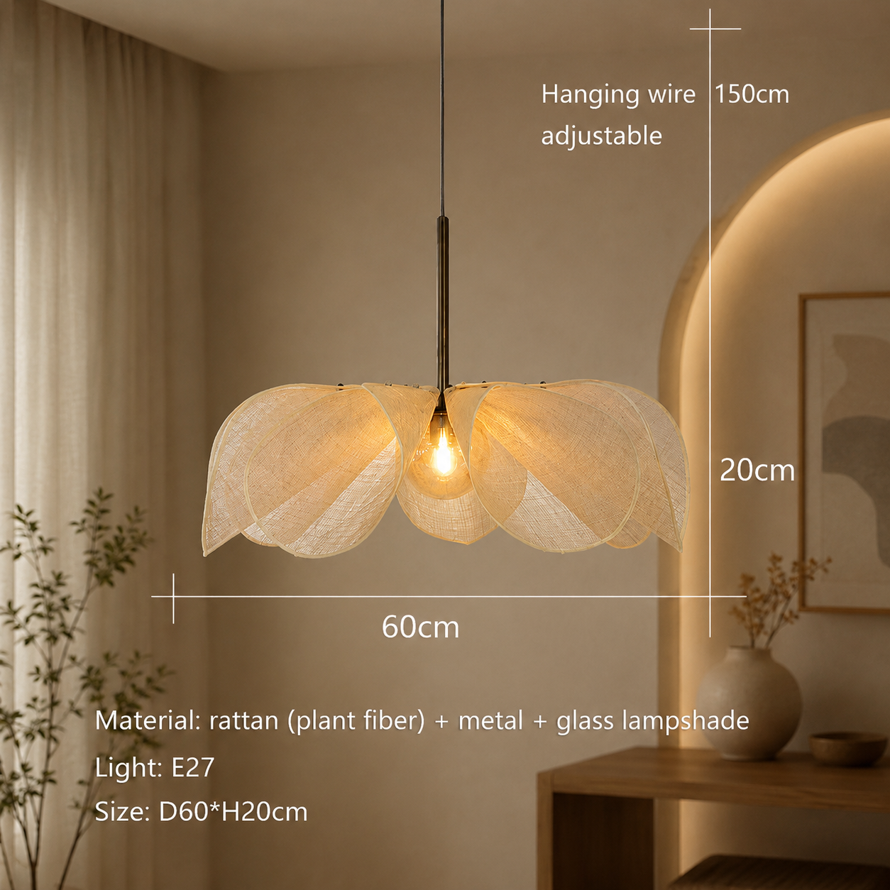 Rattan Flower Pendant Light - Wabi Sabi Petal Chandelier for Dining Room