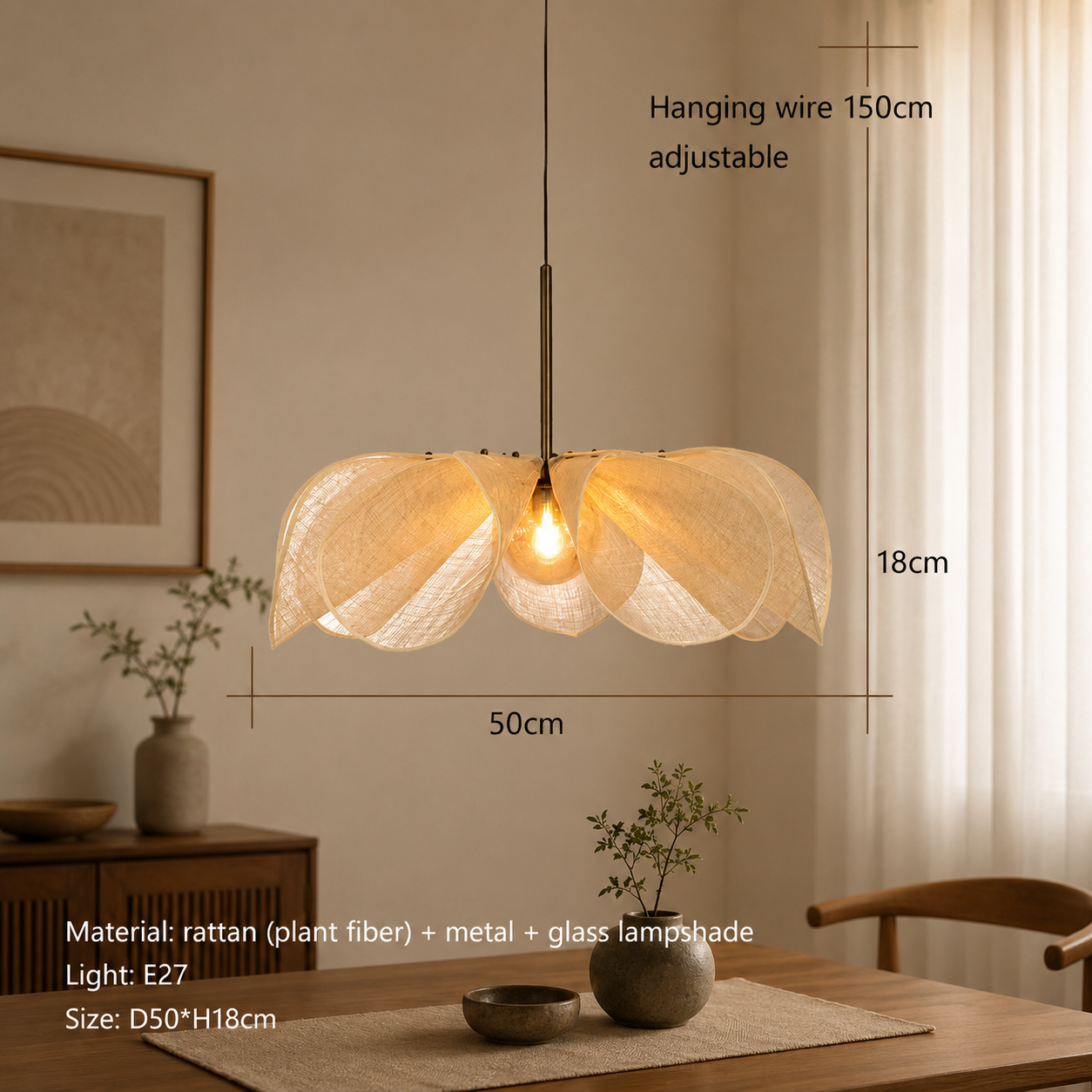 Rattan Flower Pendant Light - Wabi Sabi Petal Chandelier for Dining Room