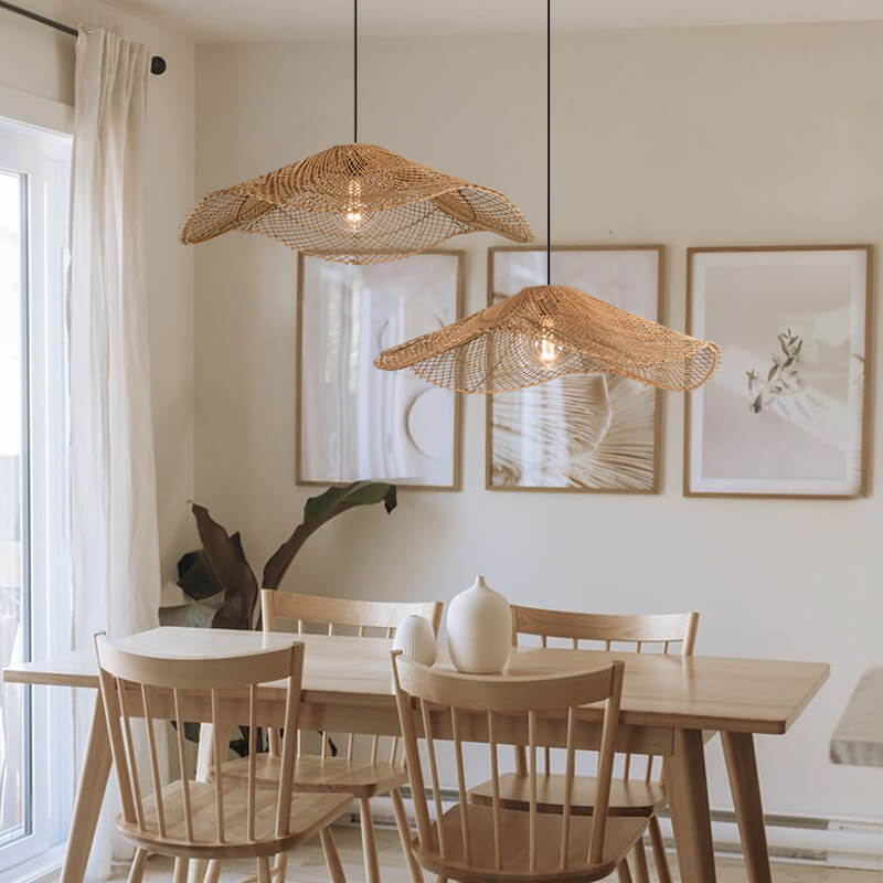 Retro Rattan Pendant Lamp in dining area with wooden furniture and soft lighting.