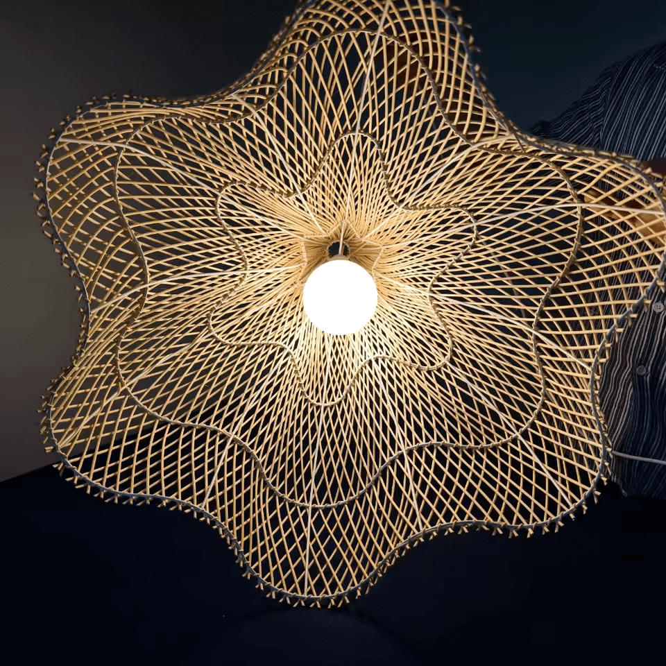 Farmhouse rattan light fixture with handwoven natural rattan shade