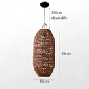 Vintage rattan hanging lights in a cozy, rustic interior setting.
