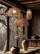 Vintage rattan hanging lights in a cozy, rustic interior setting.
