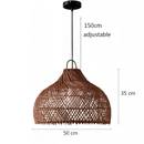 Vintage rattan hanging lights in a cozy, rustic interior setting.