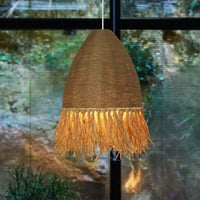 Retro woven Wabi Sabi rattan pendant light with hemp rope, rustic elegance, hand-knitted with natural materials, warm glow ambiance.