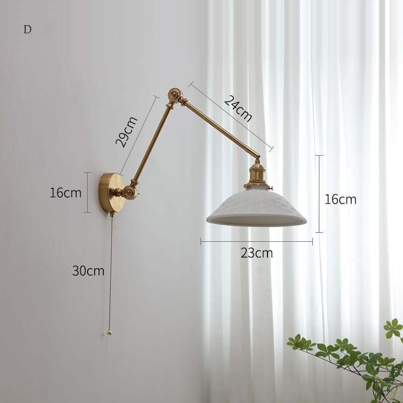 Modern ceramic wall lamp with copper swing arm and LED sconce, ideal for versatile home lighting.