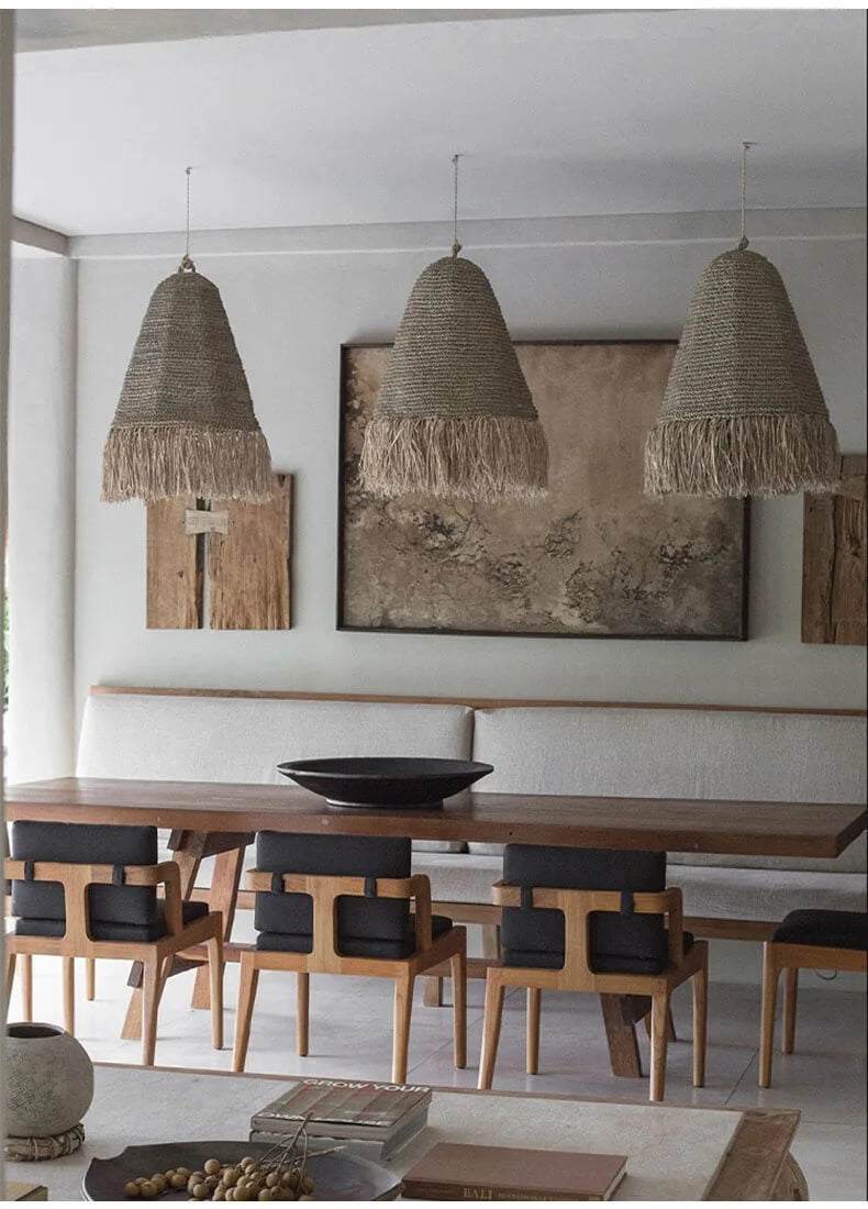 Retro woven rattan pendant light with hemp rope, rustic chandelier for serene ambiance.