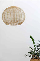 Rattan bamboo wicker globe chandelier hanging above plants.