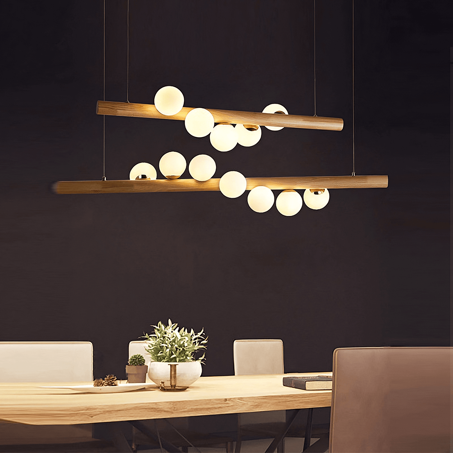 Modern LED Long Wood Pendant Lights - Glass Ball Chandelier - Multi Ball Ceiling Hanging Lights arclightsdesign