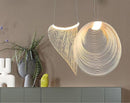 Nordic Wood Pendant Light with snail-shaped wood design and LED lighting above a modern interior setting.