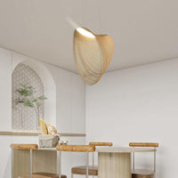 Nordic Wood Pendant Light with snail-shaped wood design and LED lighting above a modern interior setting.