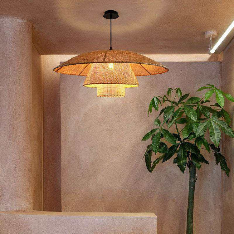 Layered Vintage Rattan Lamp - Bamboo Pendant Light - Handknitted Lamp