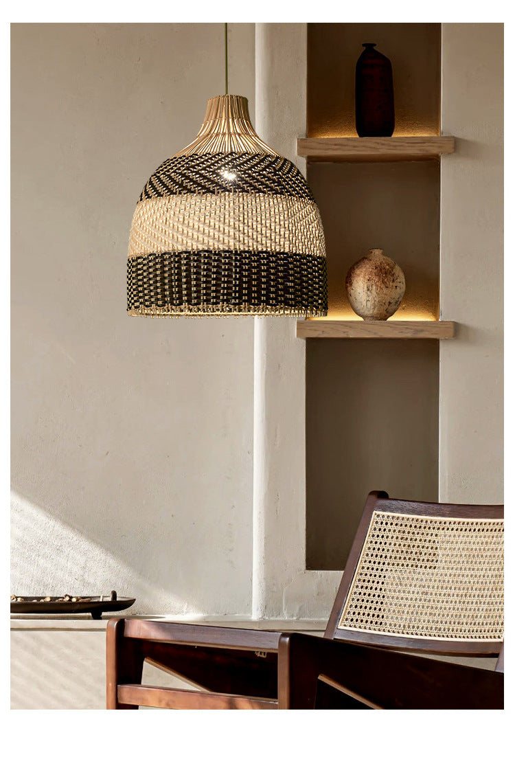Vintage Rattan Woven Lampshade - Colorful Rattan Hanging Light - Handknitted Lamp