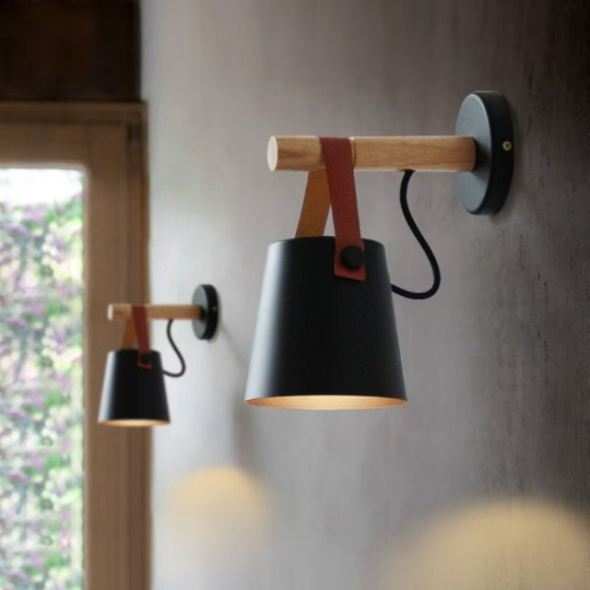 Wood Wall Lamp with Belt - Iron Wood Wall Lamp Pendant - Nordic Wall Lamp - Bedroom Wall Scones arclightsdesign